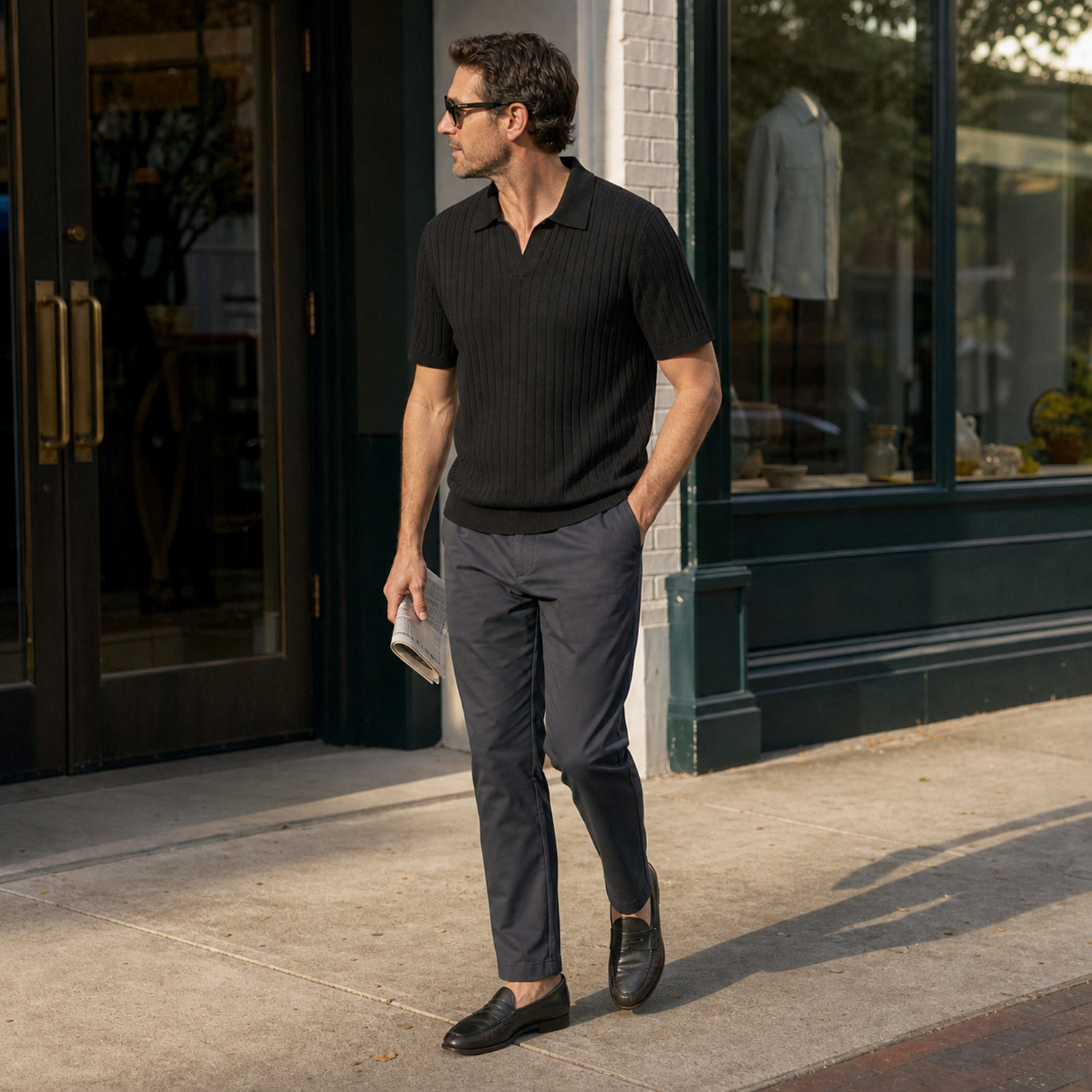 Men's black ribbed Johnny collar polo worn on an everyday city outing