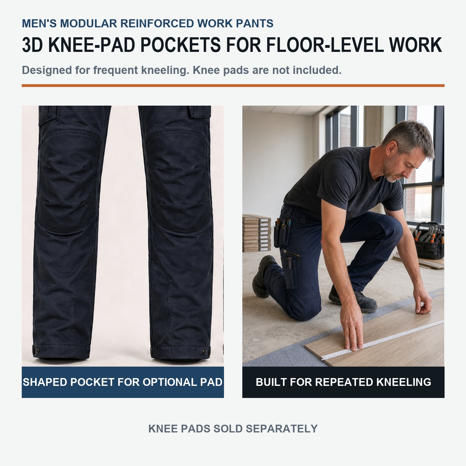 Three-dimensional knee-pad pockets for frequent kneeling work