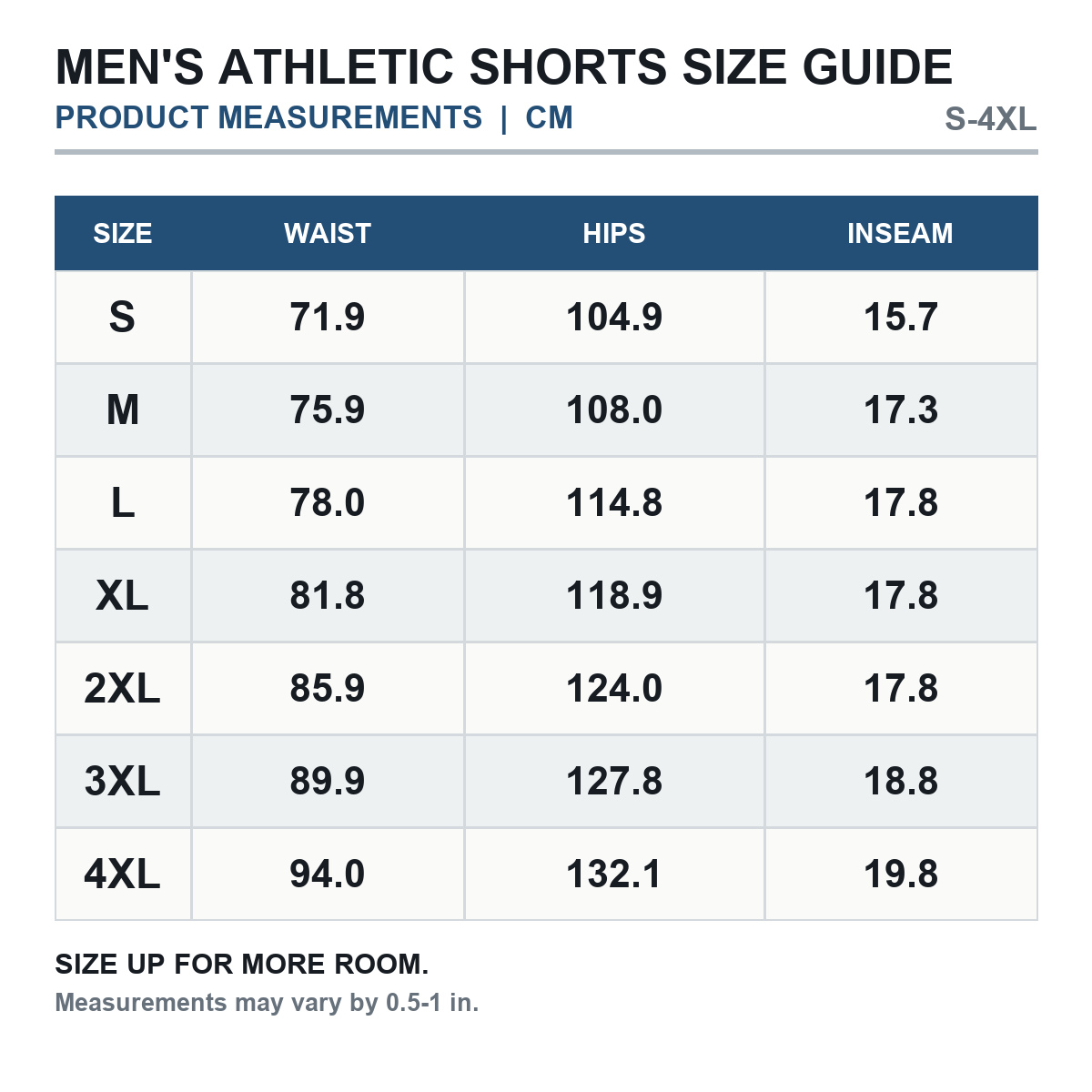 Men's athletic shorts product measurements in centimeters S through 4XL