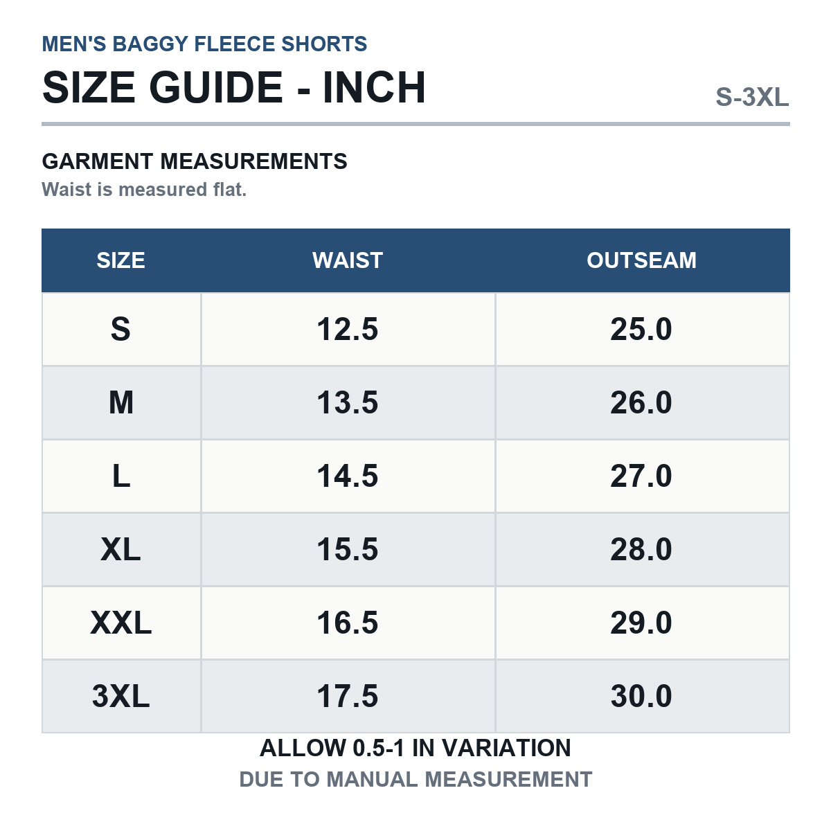 Men's baggy fleece shorts product measurements in inches S through 3XL