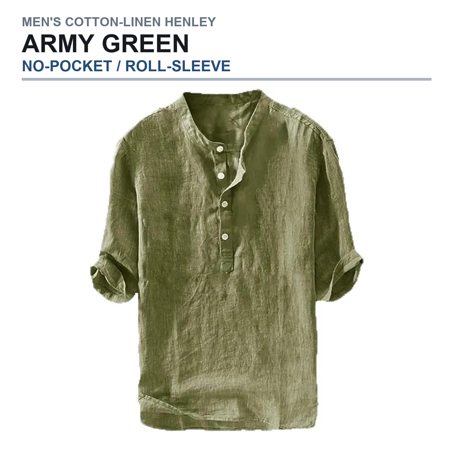 No-pocket roll-sleeve henley shirt in army green
