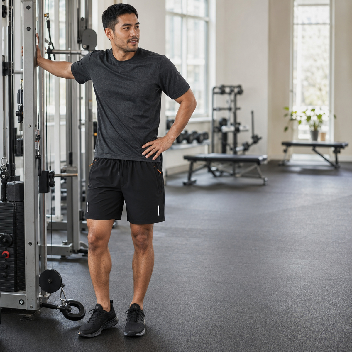 Black quick-dry athletic shorts worn in a clean gym
