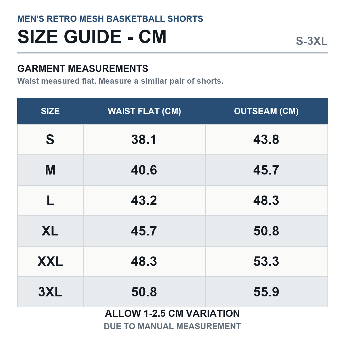 Basketball shorts size guide in centimeters S through 3XL