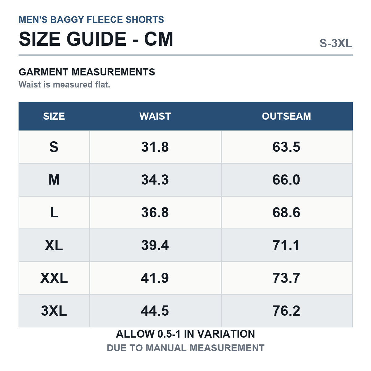 Men's baggy fleece shorts product measurements in centimeters S through 3XL