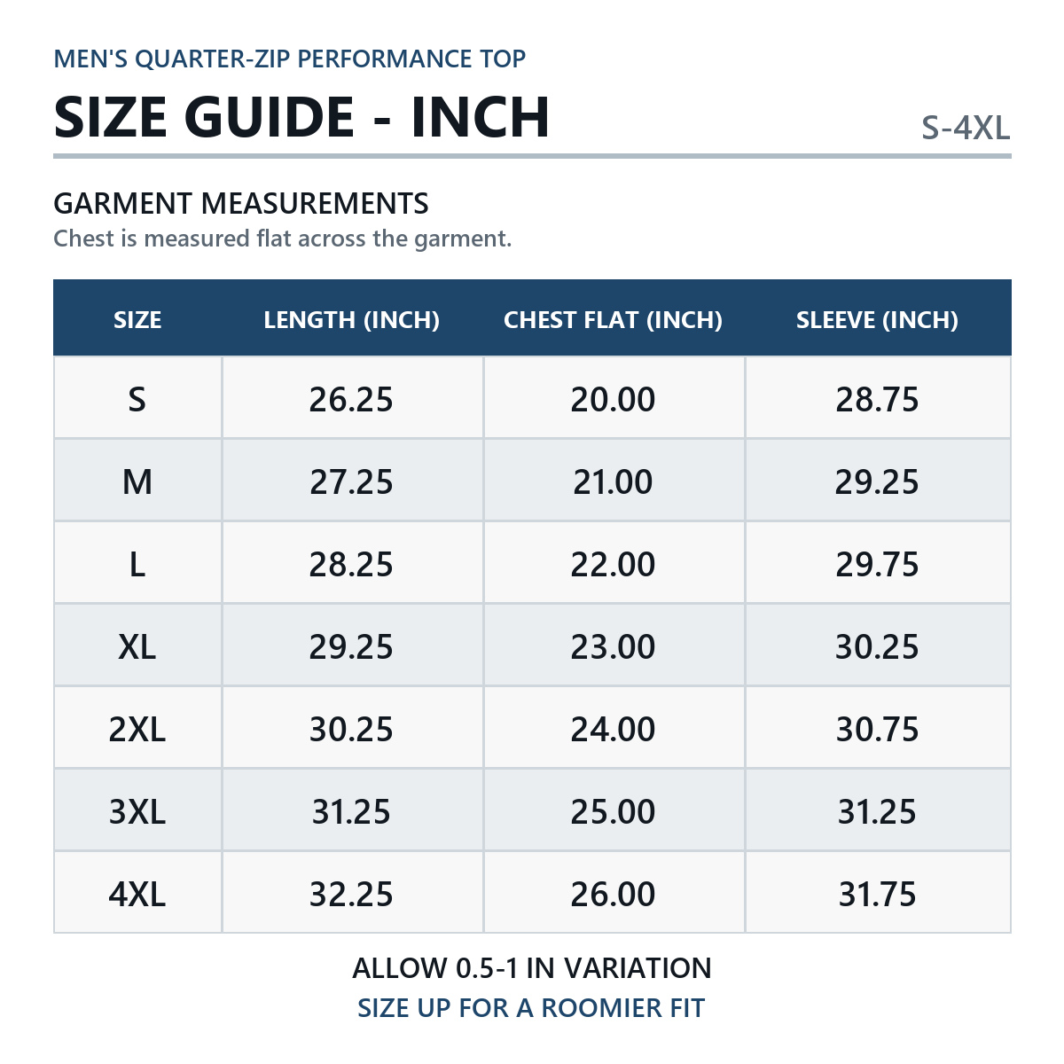 Quarter-zip top size guide in inches S through 4XL