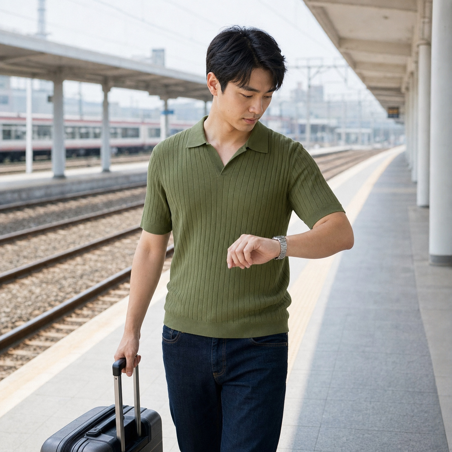 Men's olive ribbed Johnny collar polo worn for train travel