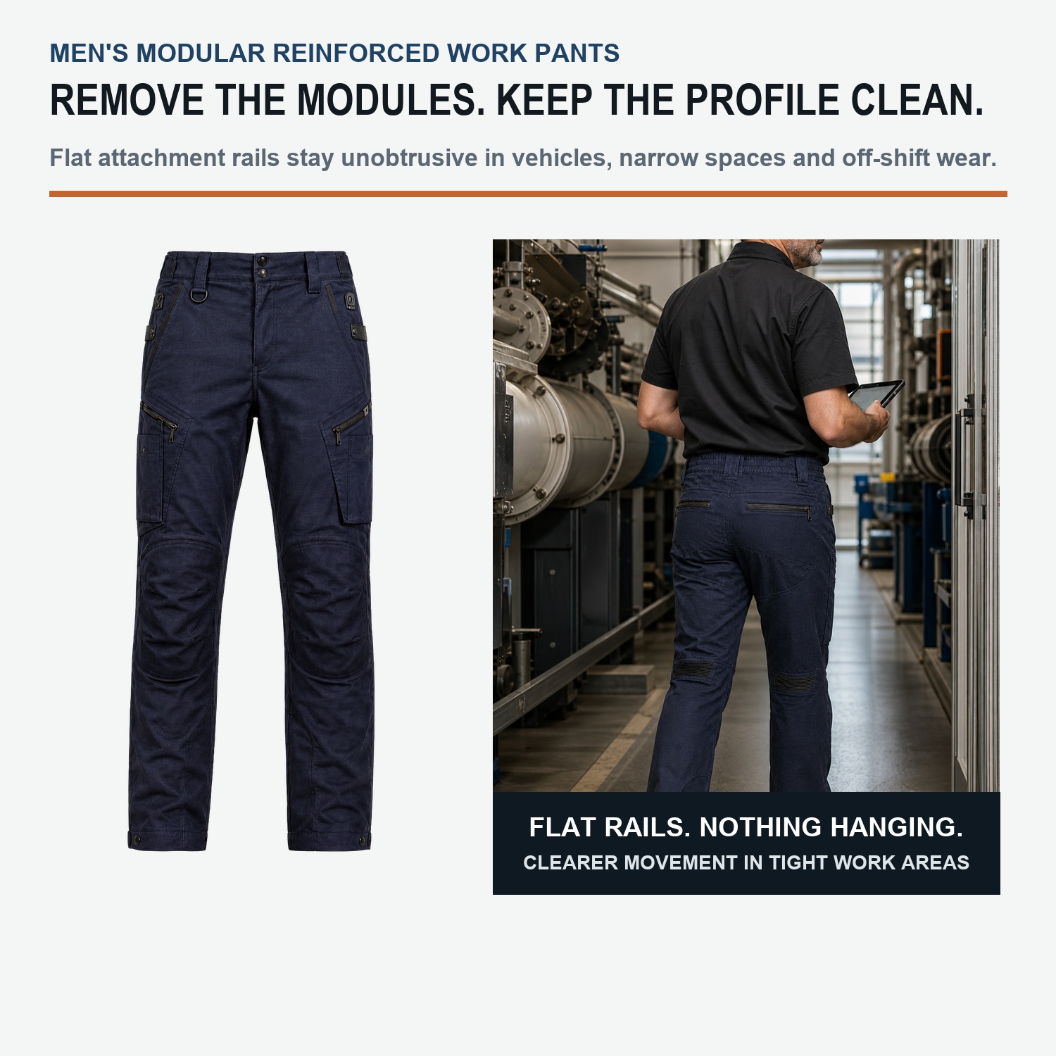 Flat attachment rail after detachable tool modules are removed