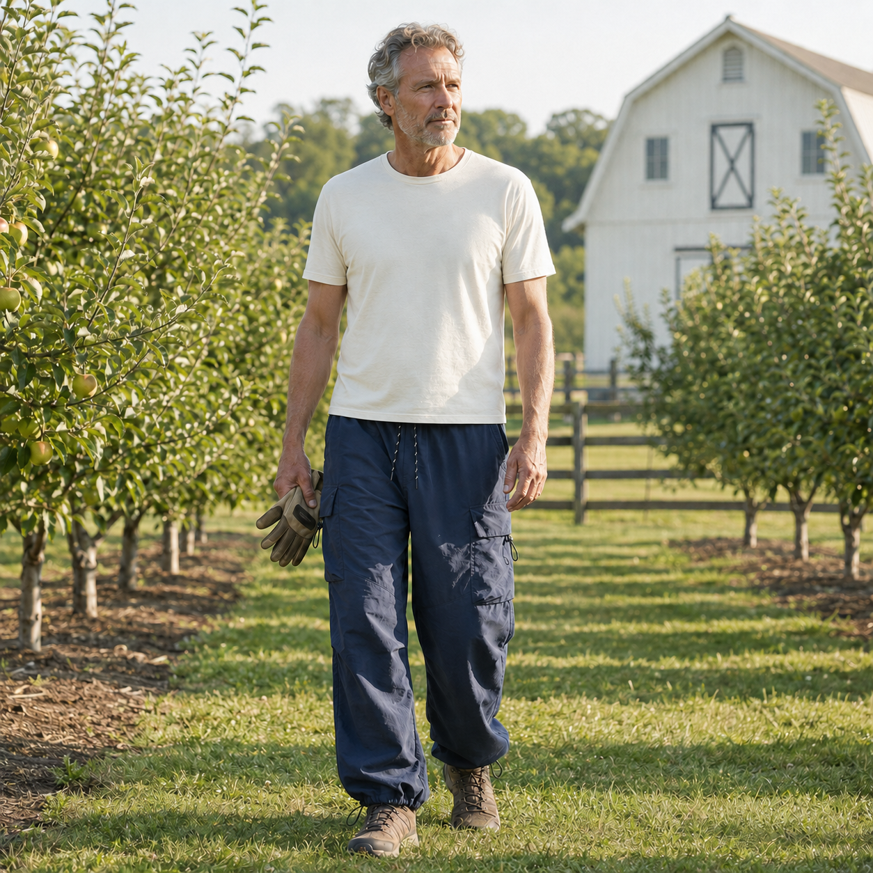 Parachute cargo pants worn at a clean modern orchard farm