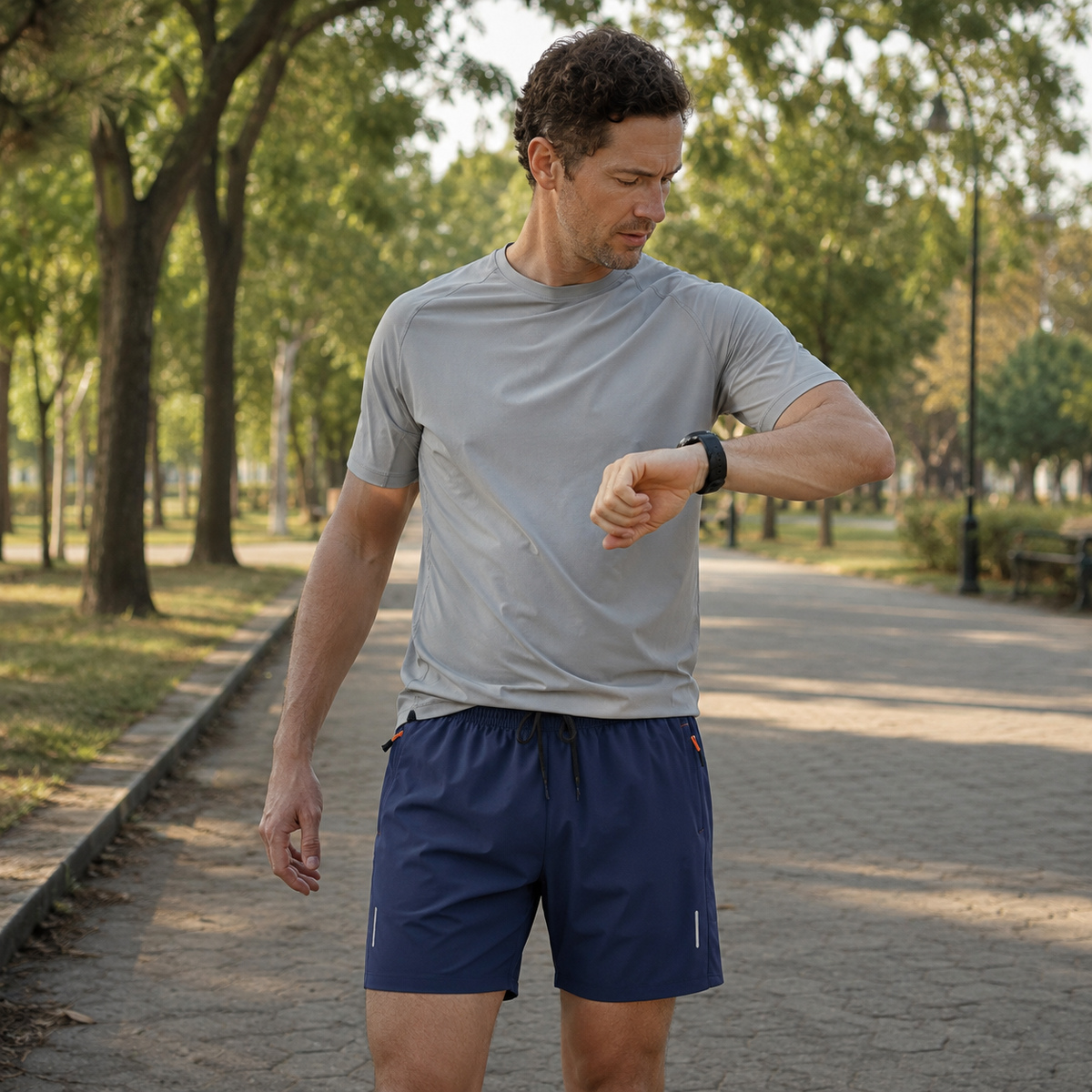 Dark Blue athletic shorts worn on an outdoor run