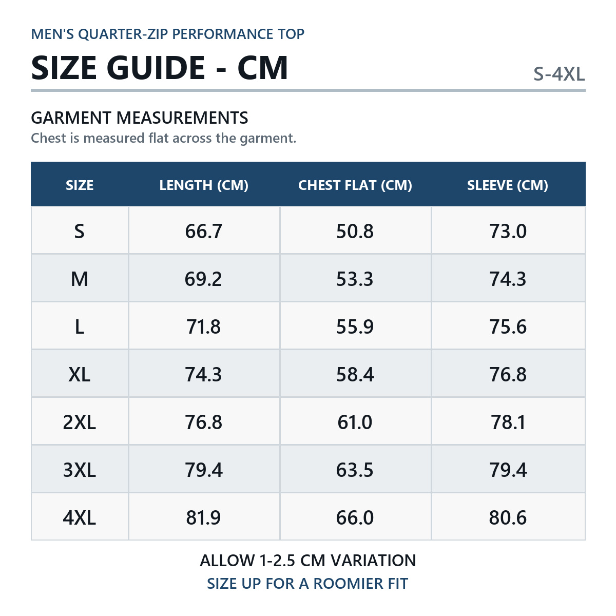 Quarter-zip top size guide in centimeters S through 4XL
