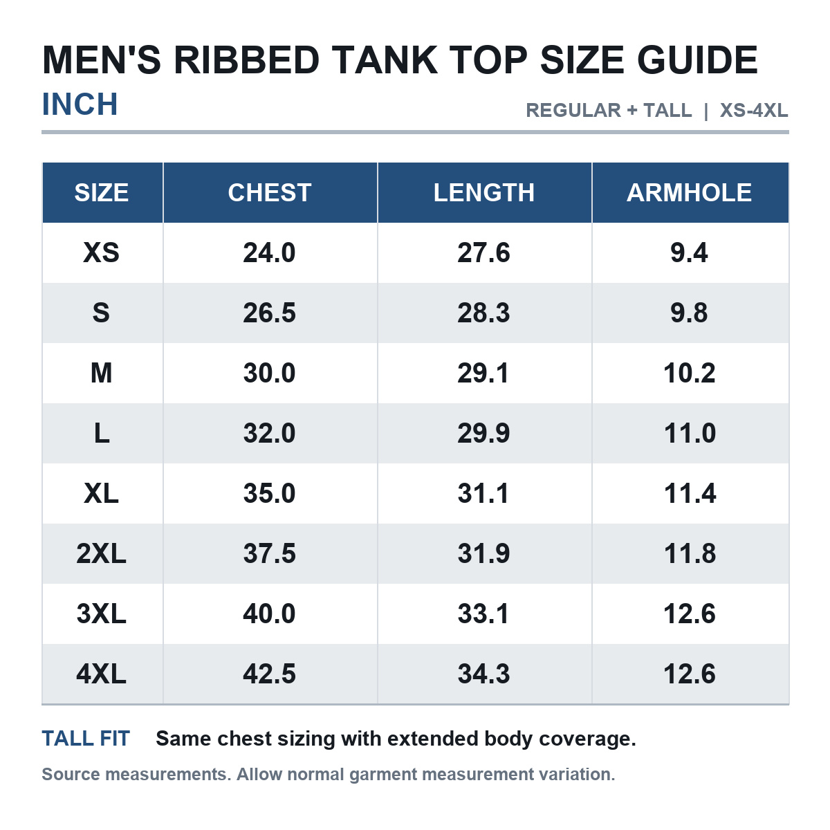Men's ribbed tank top size guide in inches XS through 4XL