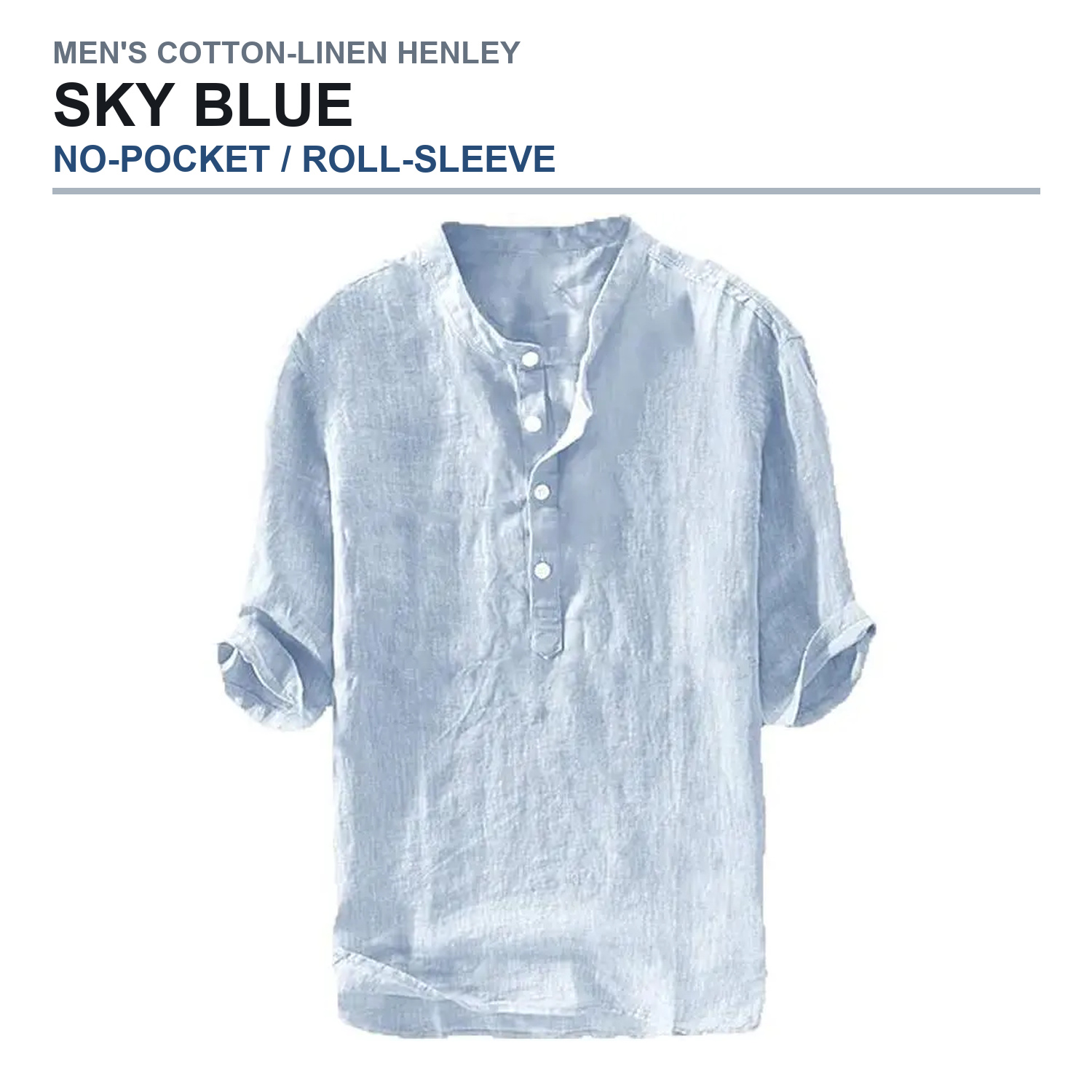 No-pocket roll-sleeve henley shirt in sky blue