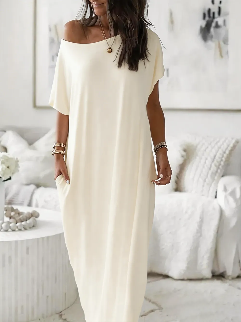 Women's Casual Off-Shoulder Maxi Dress with Pockets
