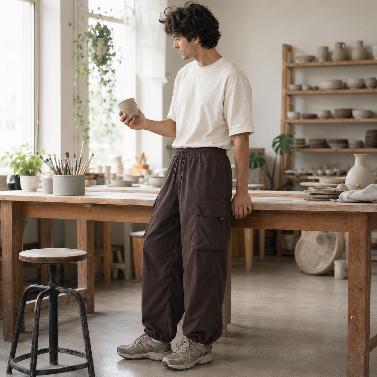 Parachute cargo pants in a ceramics studio