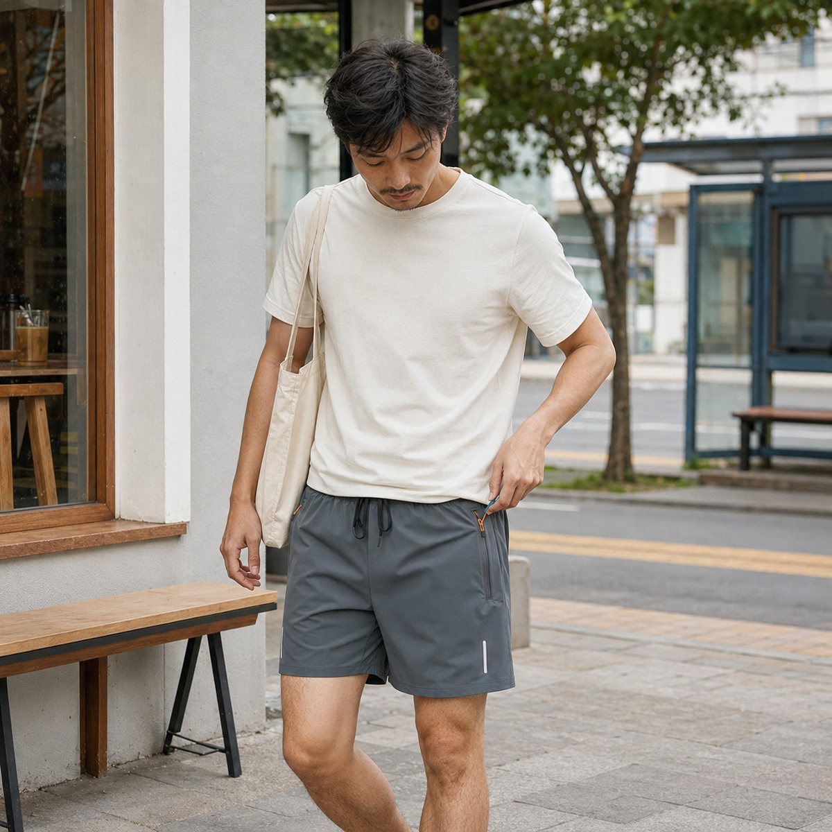 Dark Gray athletic shorts worn for casual city errands