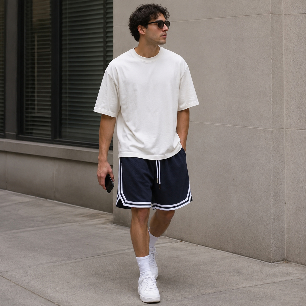 Retro mesh shorts worn on a city street
