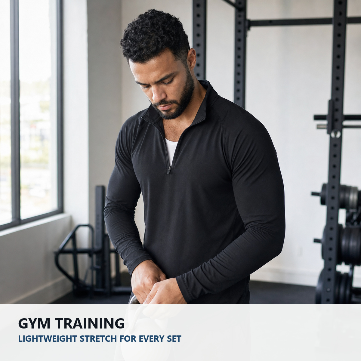 Quarter-zip performance top worn for gym training