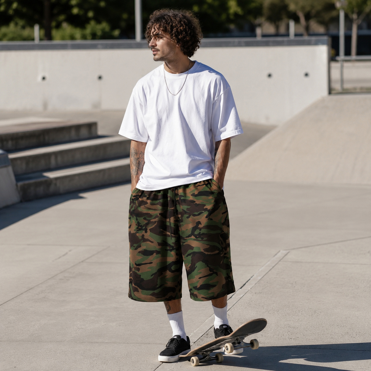 Baggy fleece shorts worn for casual skateboarding