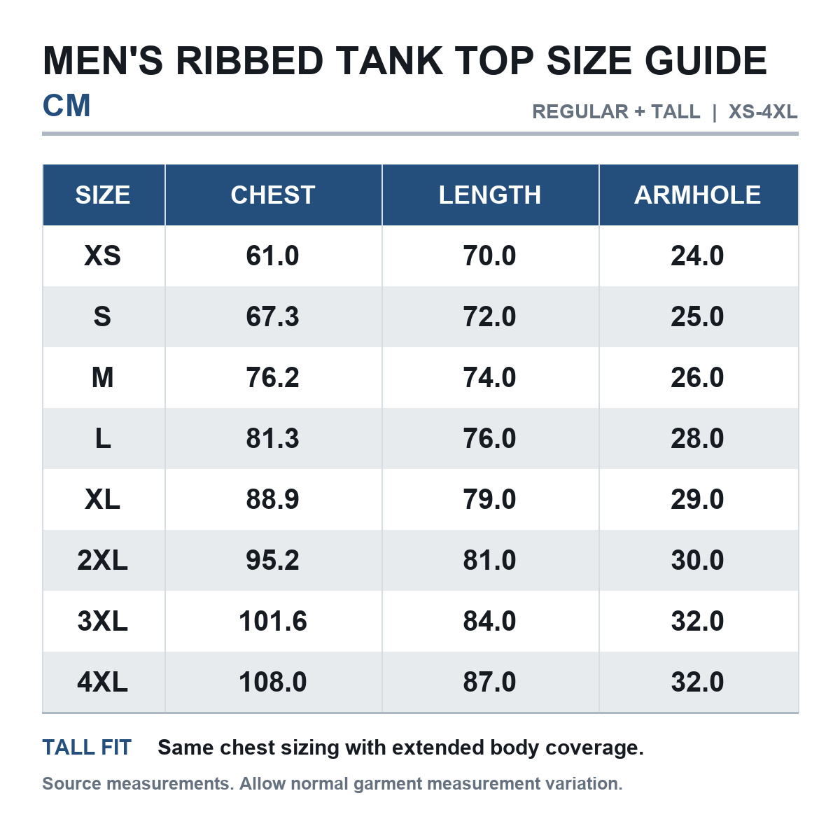 Men's ribbed tank top size guide in centimeters XS through 4XL