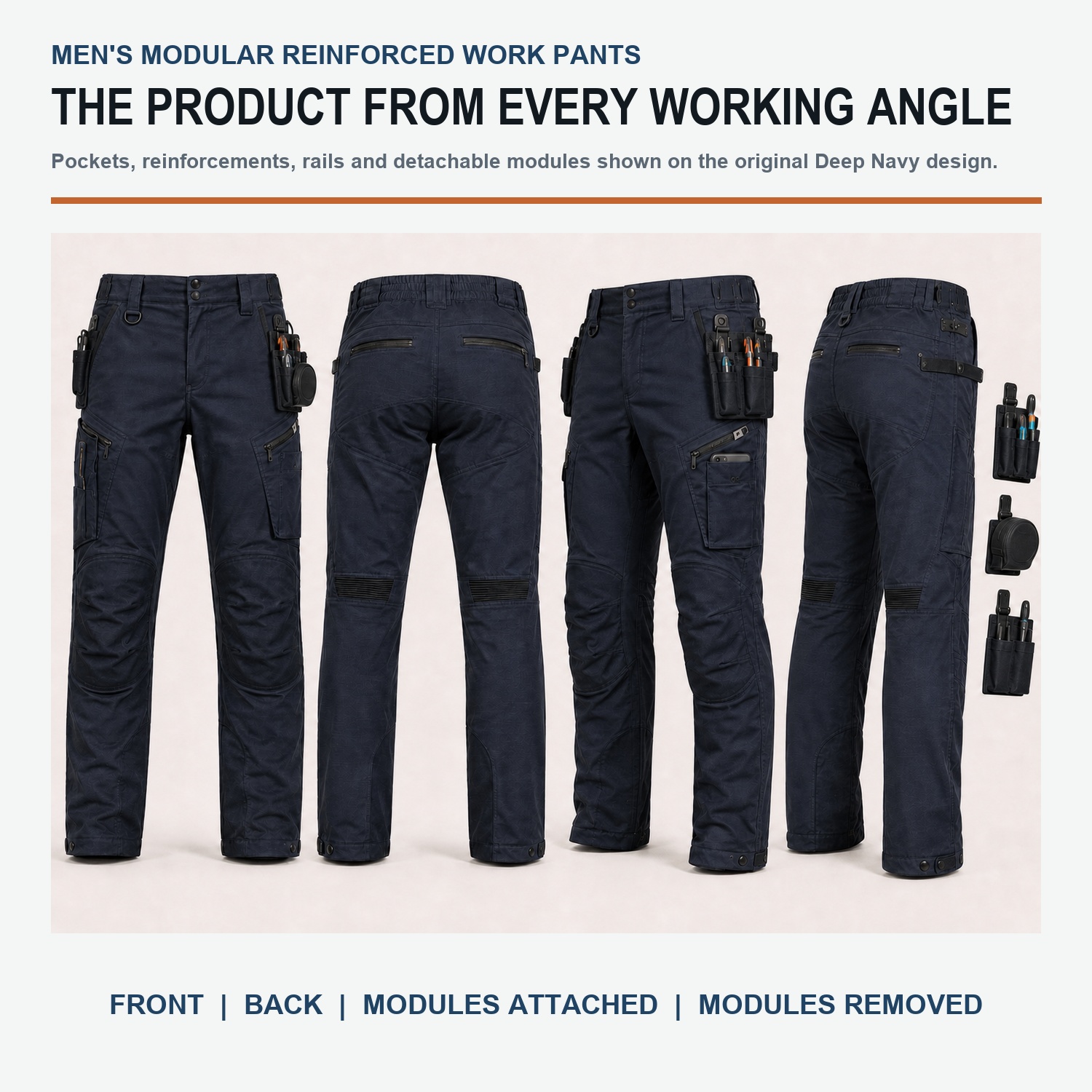 Original modular work-pants front, back and angled construction views