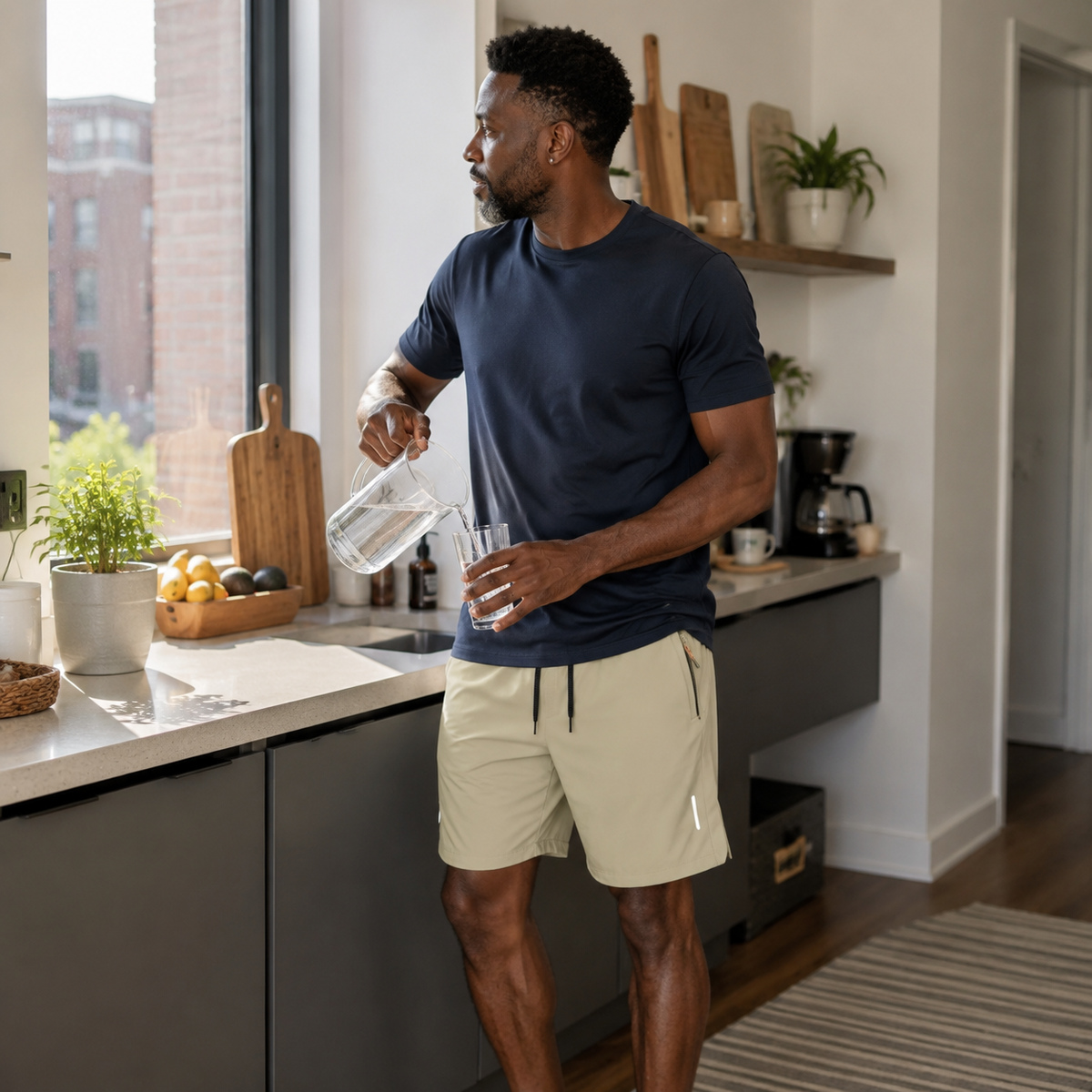 Khaki athletic shorts worn for relaxed time at home