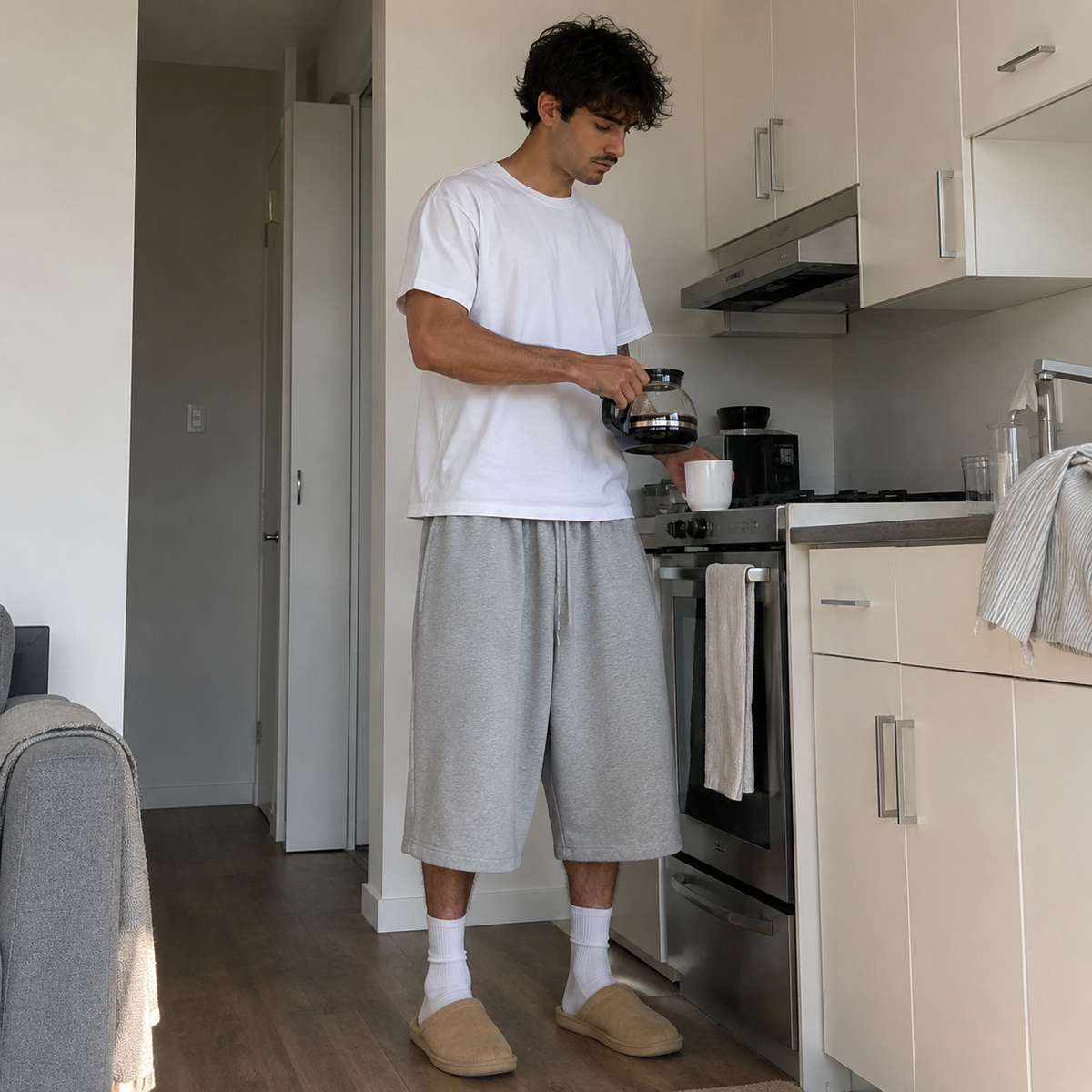 Baggy fleece shorts worn for relaxed time at home