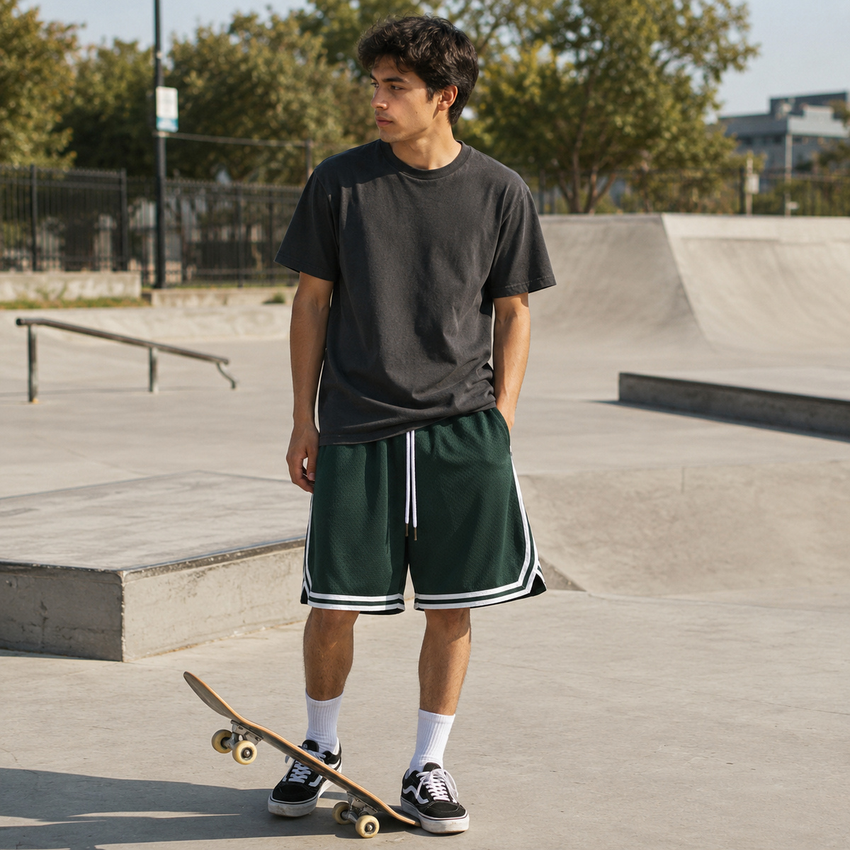 Retro mesh shorts worn for skate leisure