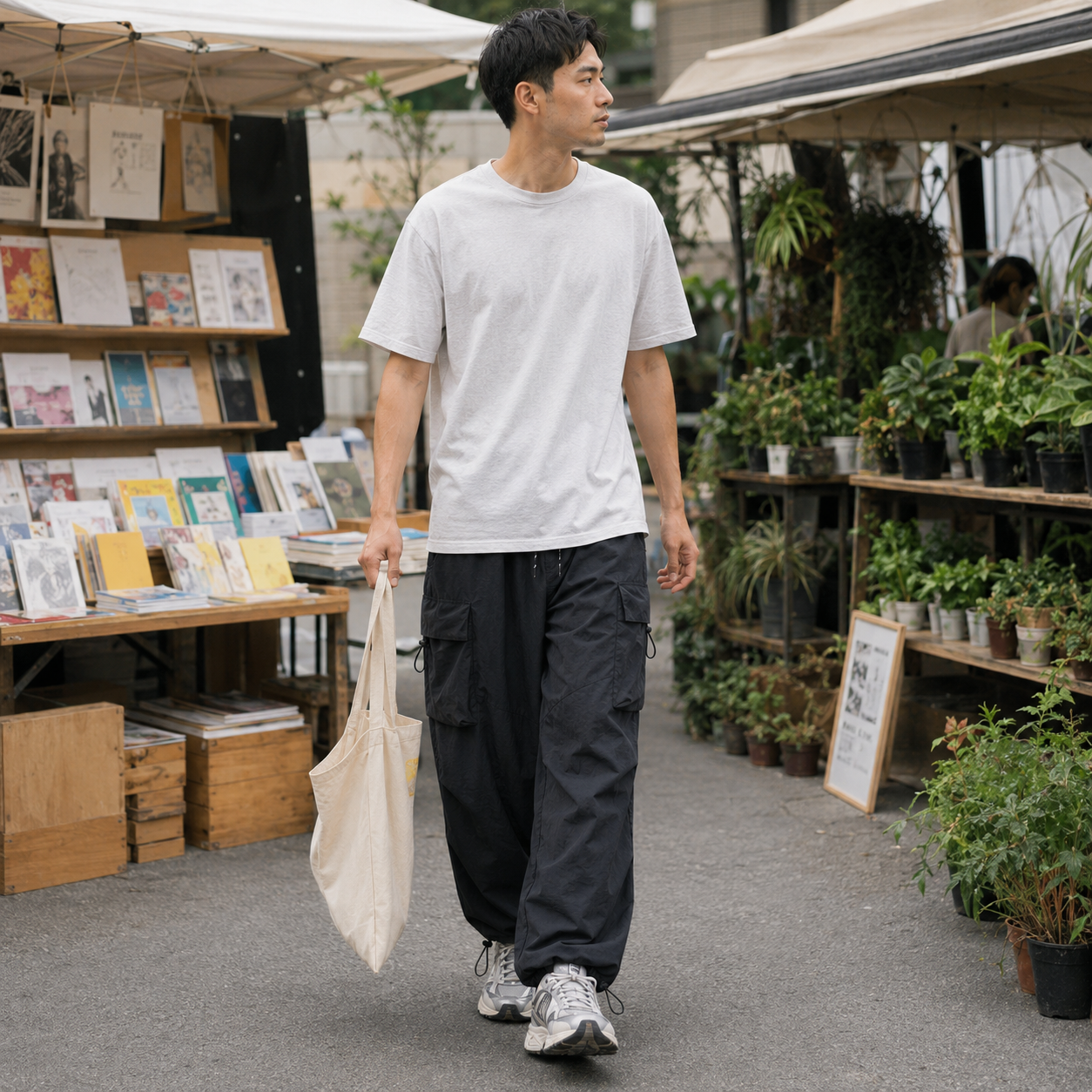 Parachute cargo pants at a weekend creative market