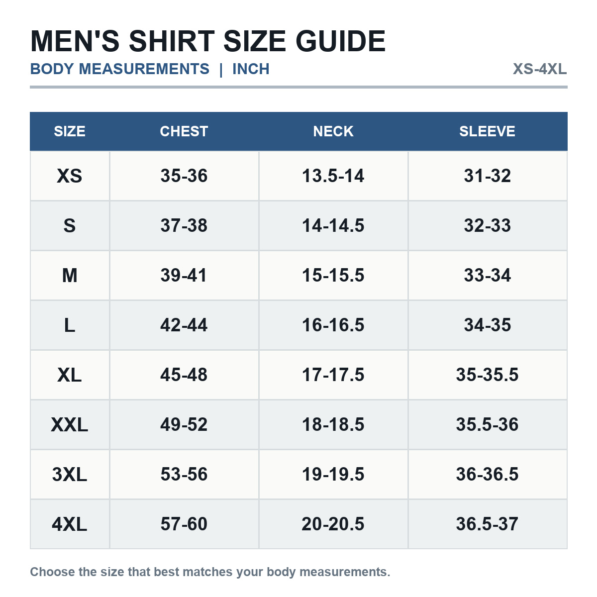 Men's stretch poplin shirt size guide in inches XS through 4XL
