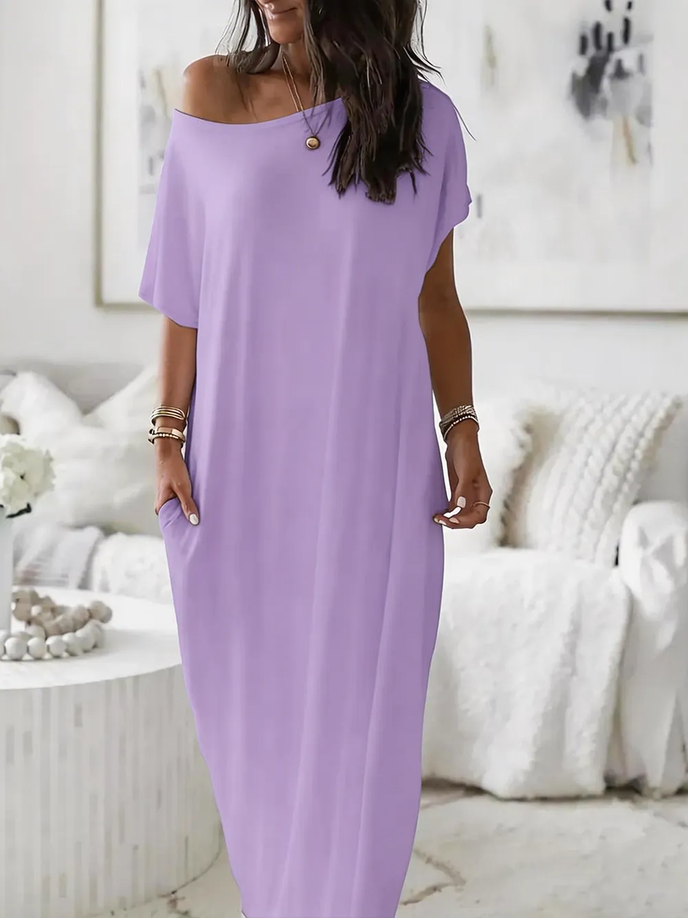 Women's Casual Off-Shoulder Maxi Dress with Pockets
