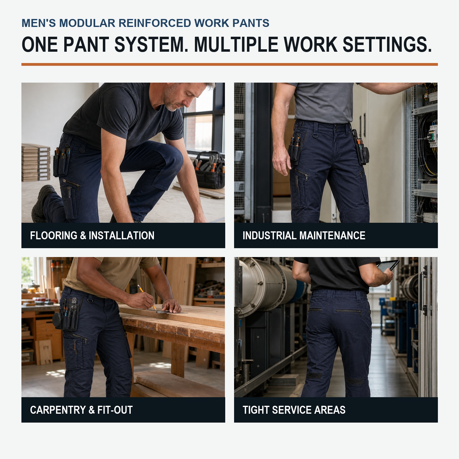 Work settings suited to modular reinforced work pants