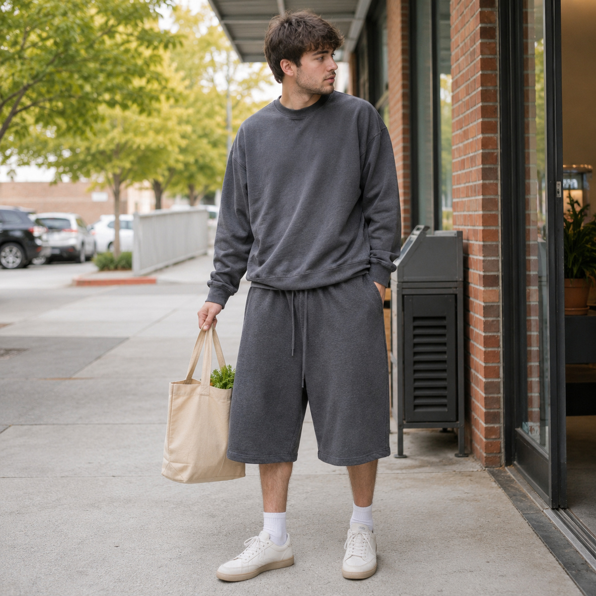Baggy fleece shorts worn for a casual daily outing