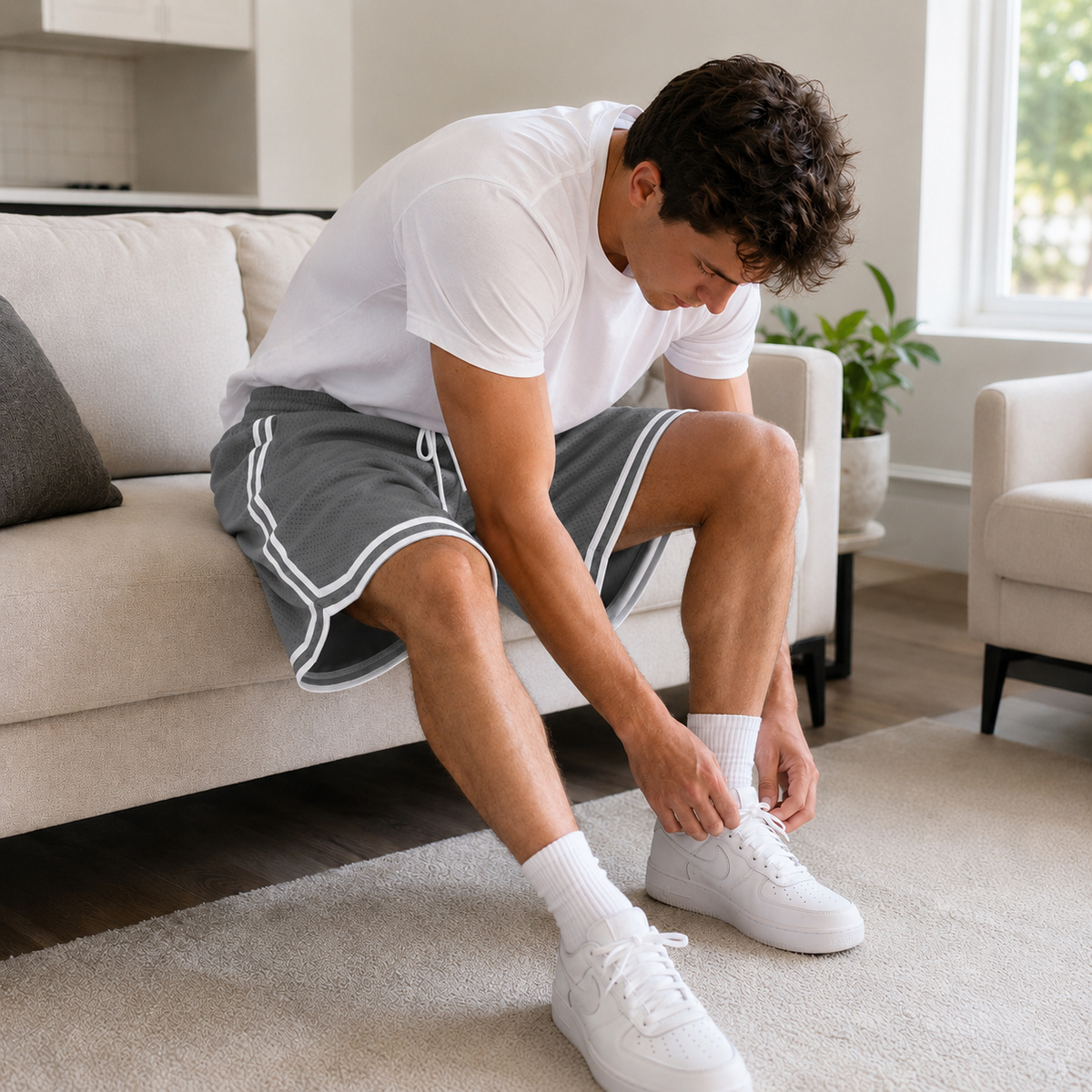 Retro mesh shorts worn for relaxed time at home