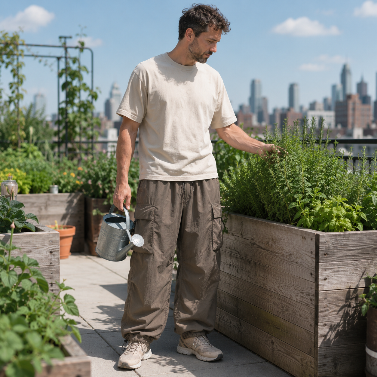 Parachute cargo pants in a rooftop garden