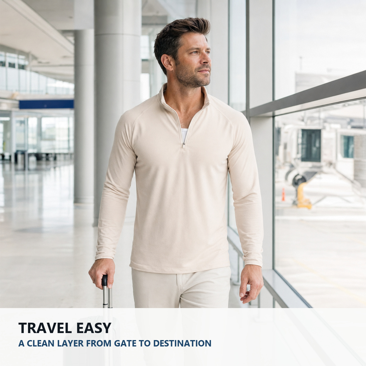 Quarter-zip performance top worn for travel