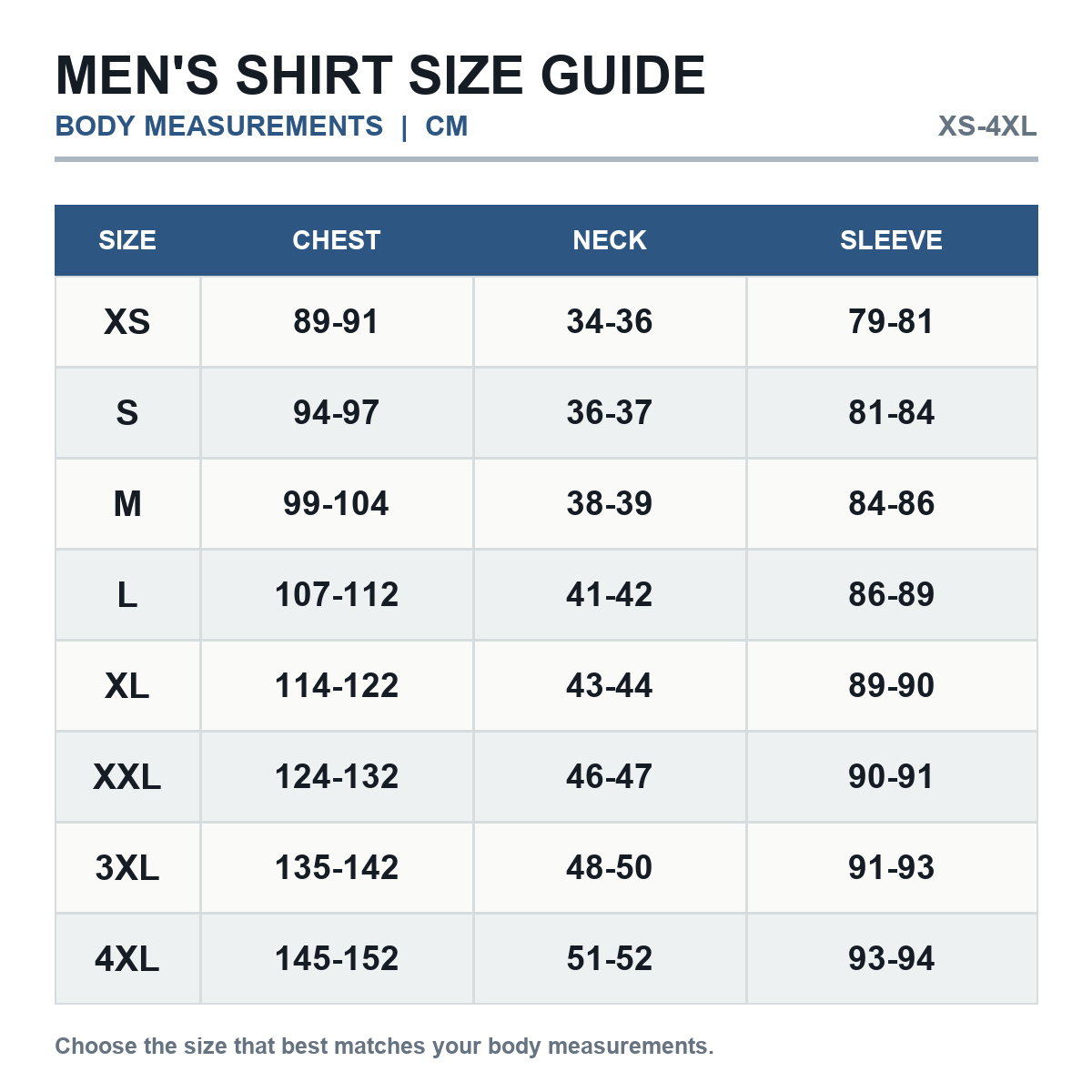 Men's stretch poplin shirt size guide in centimeters XS through 4XL