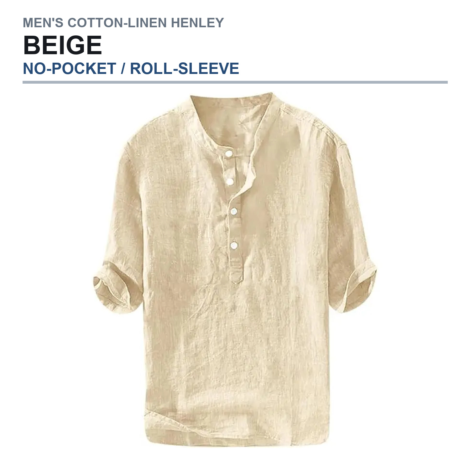 No-pocket roll-sleeve henley shirt in beige