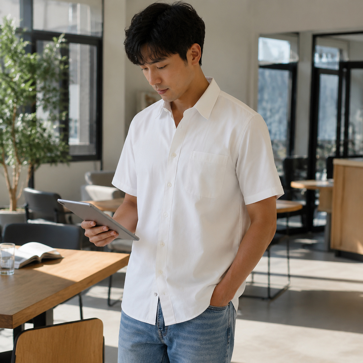 Men's stretch poplin shirt styled for business casual wear