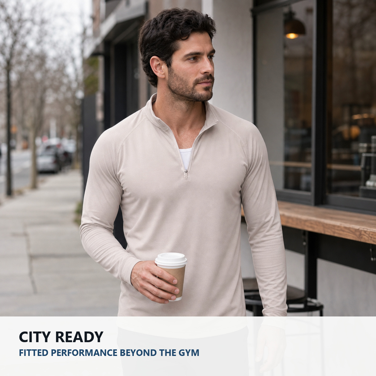 Quarter-zip performance top worn for city daily use