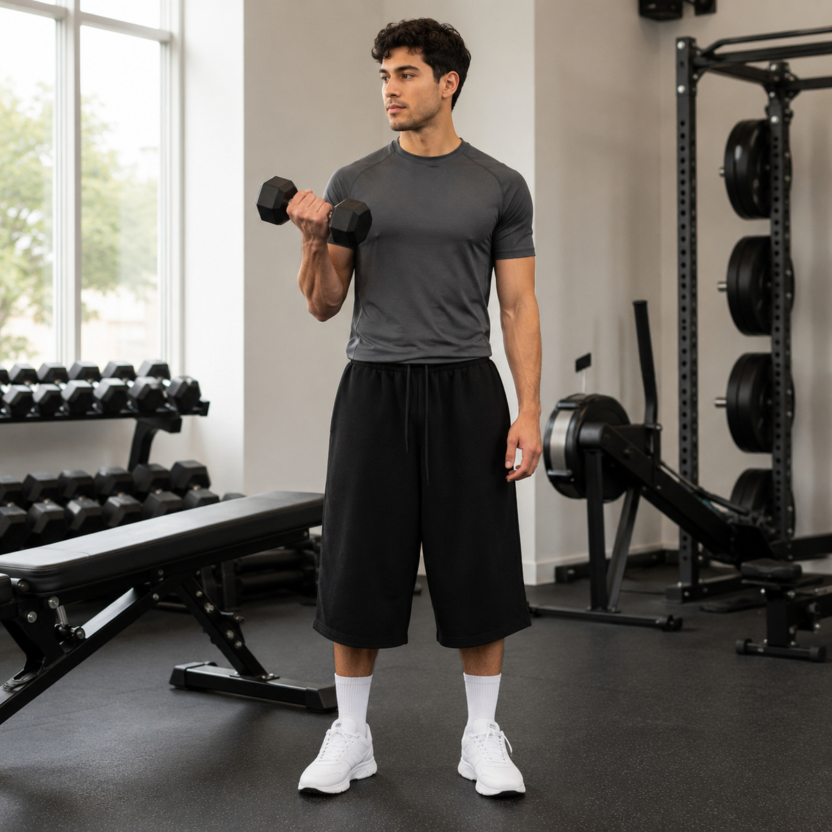 Baggy fleece shorts worn during a gym workout