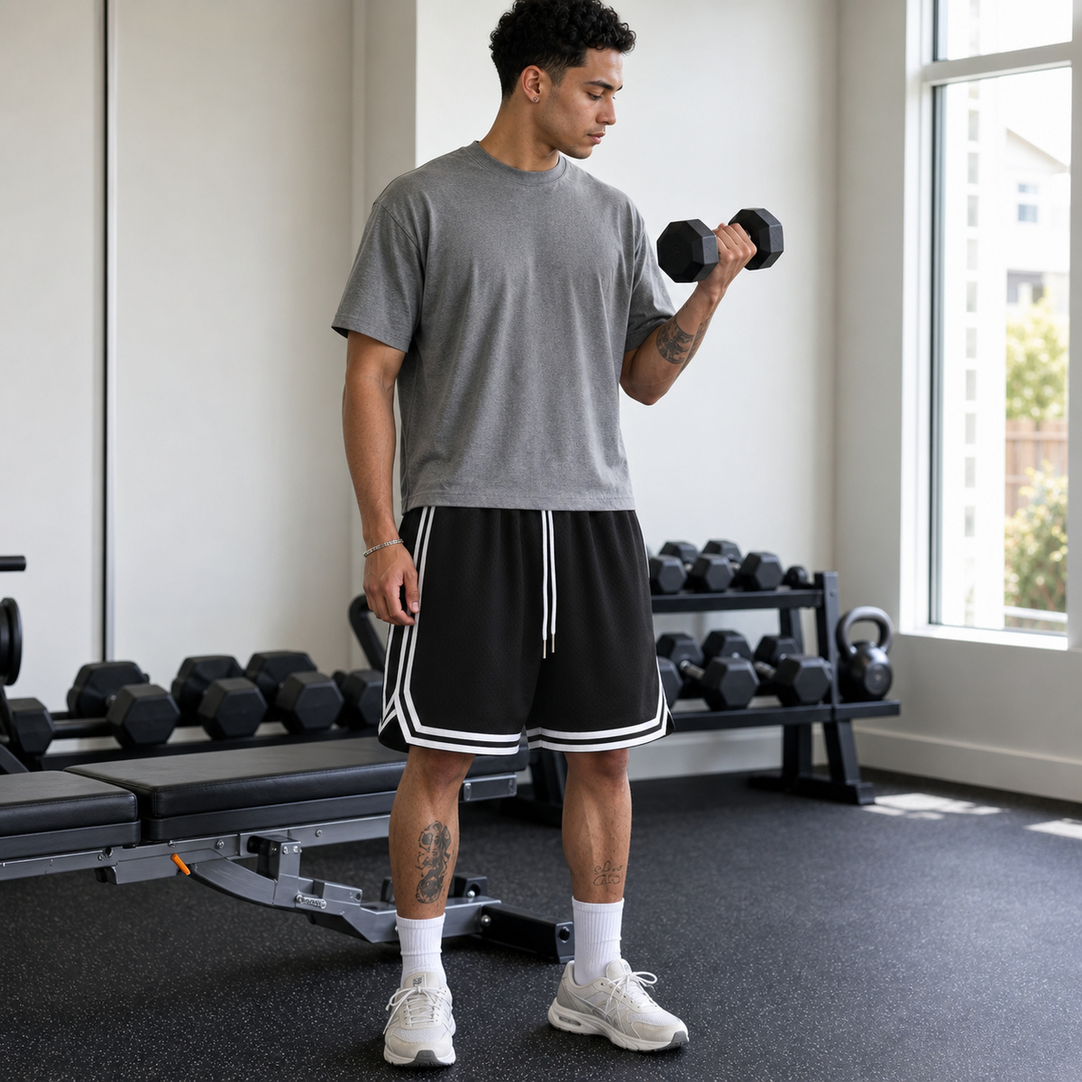 Retro mesh shorts worn during a gym workout