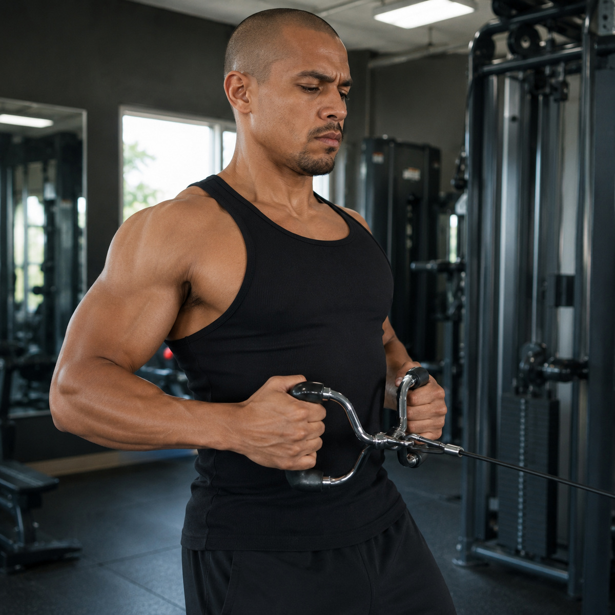 Black ribbed tank top worn for gym training