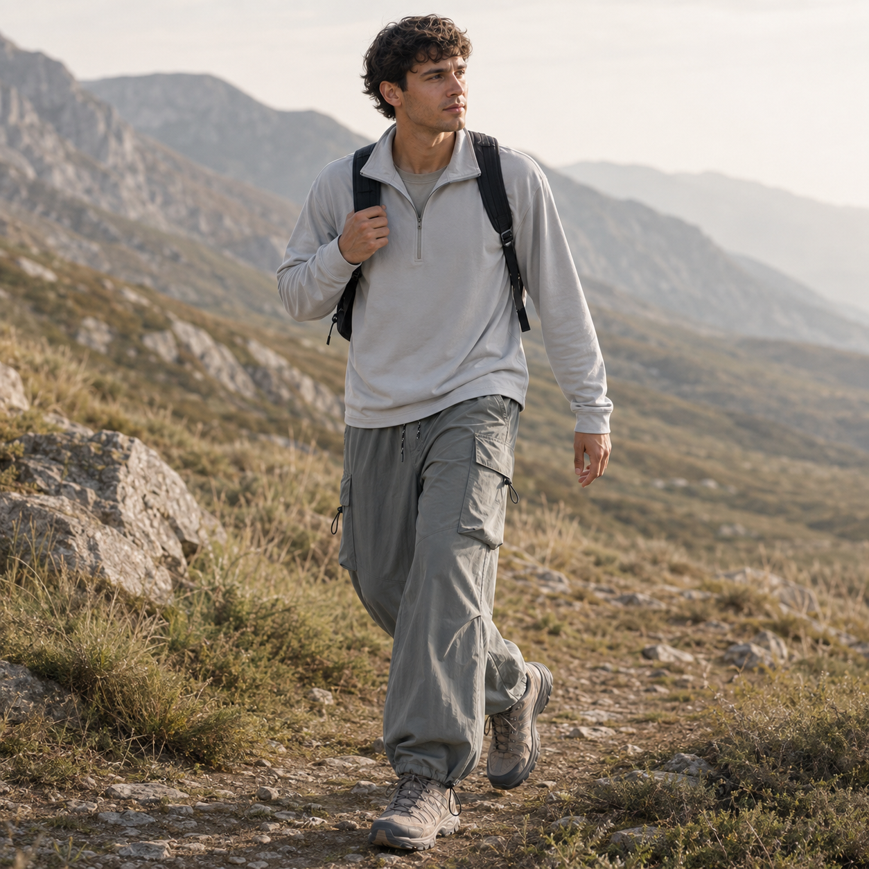 Parachute cargo pants worn for hiking