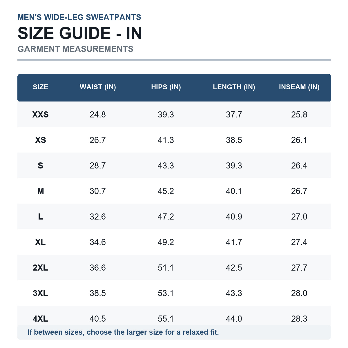 Sweatpants size guide in inches XXS through 4XL