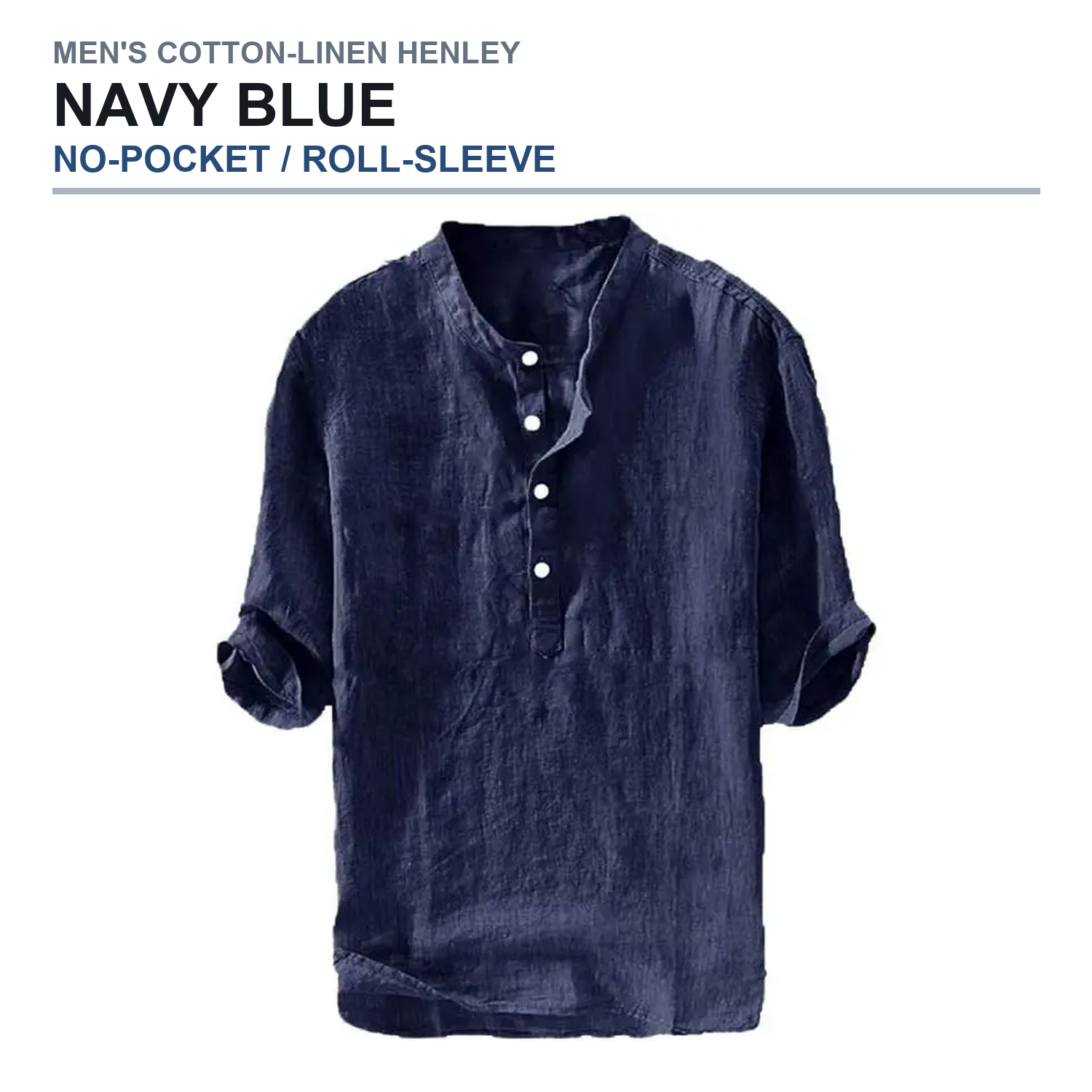 No-pocket roll-sleeve henley shirt in navy blue