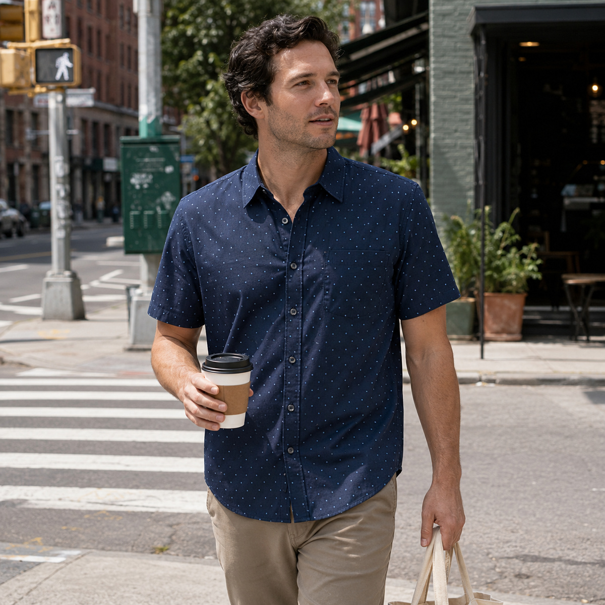 Men's stretch poplin shirt worn for an everyday city outing
