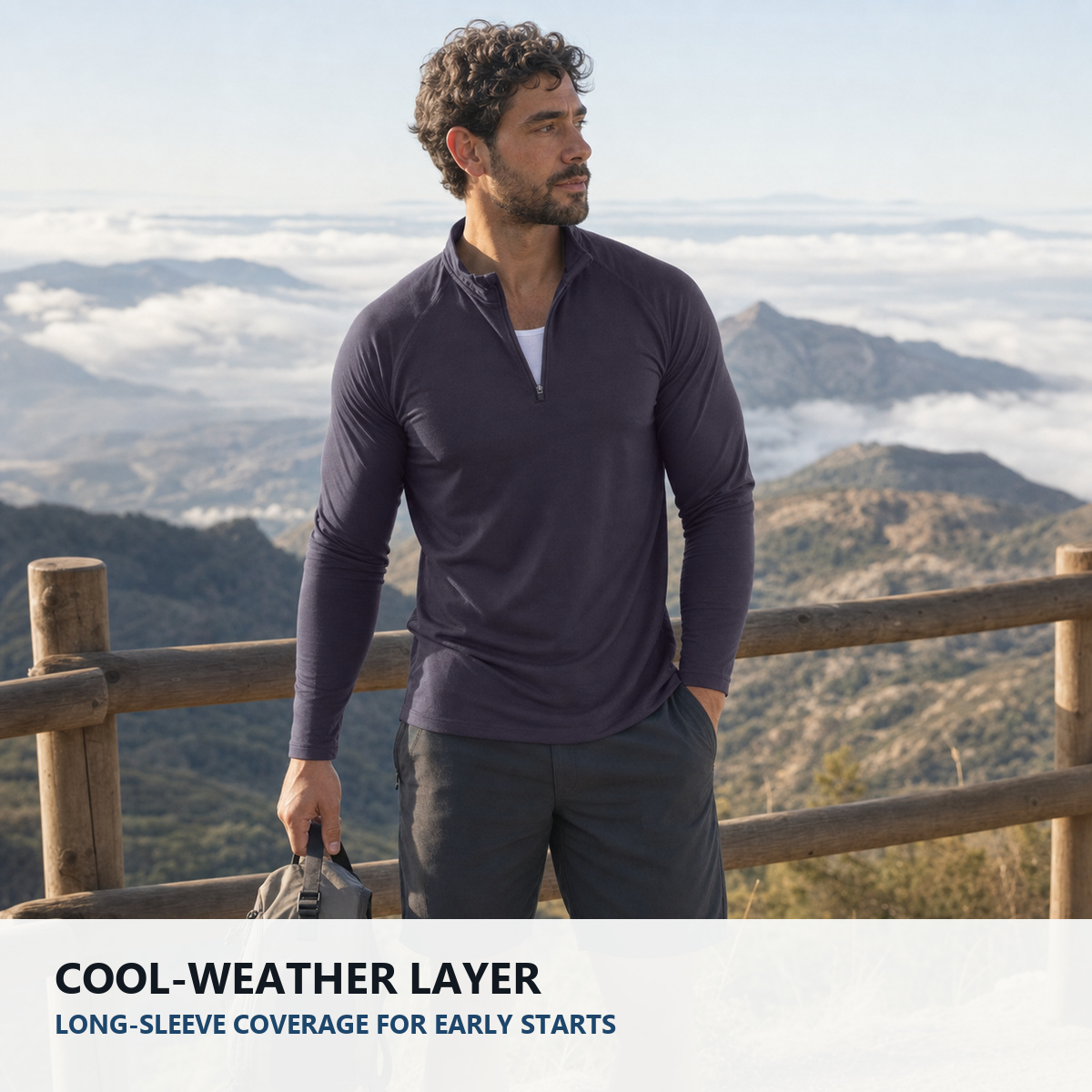 Quarter-zip performance top worn outdoors