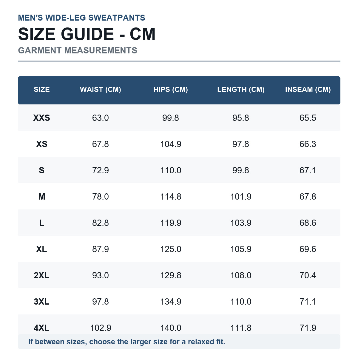 Sweatpants size guide in centimeters XXS through 4XL
