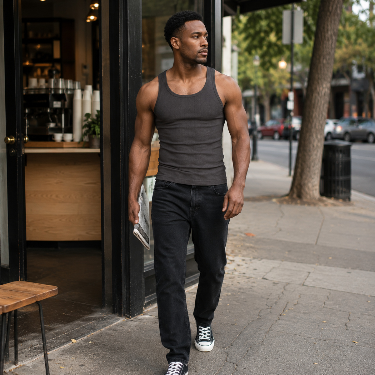 Shadow ribbed tank top worn for city daily use