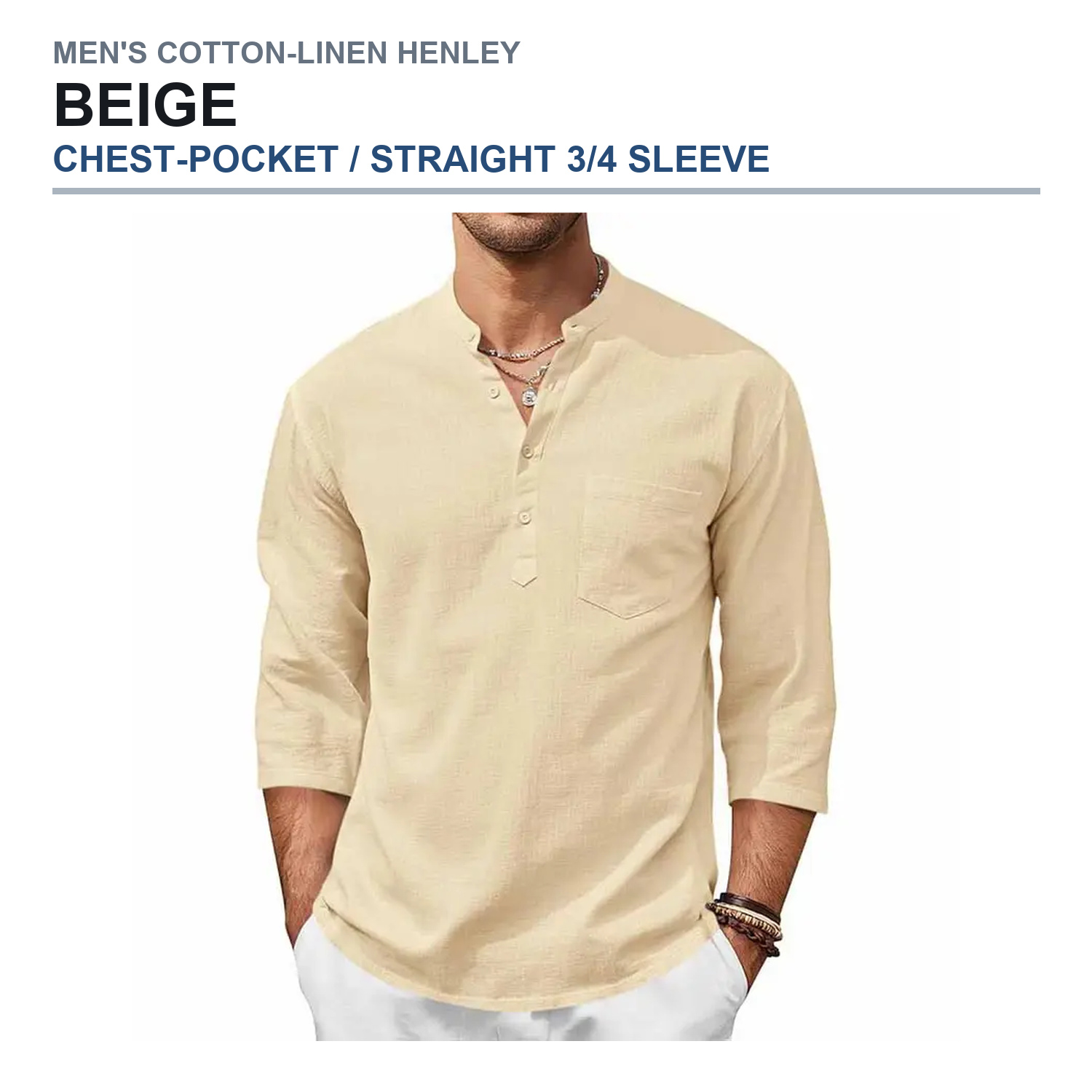 Chest-pocket straight three-quarter-sleeve henley shirt in beige